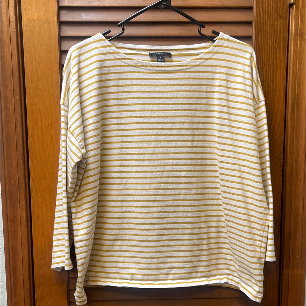 J. Crew Mustard and White boatneck three quarter sleeve tee M